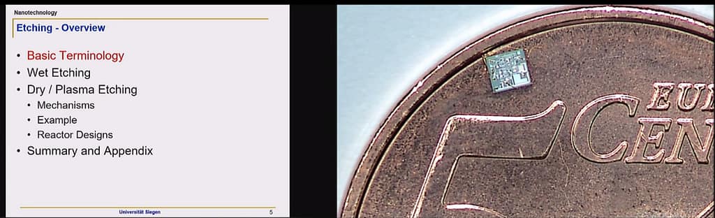 Abbildung 2: Beispiel eines Split-Screenvideos der Lehrveranstaltung „Nanotechnology“: Links: Vorlesungsfolien, rechts: 1mm x 1mm Mikrochip auf einer 5 ct Münze zur Veranschaulichung der Miniaturisierung elektronischer Schaltkreise